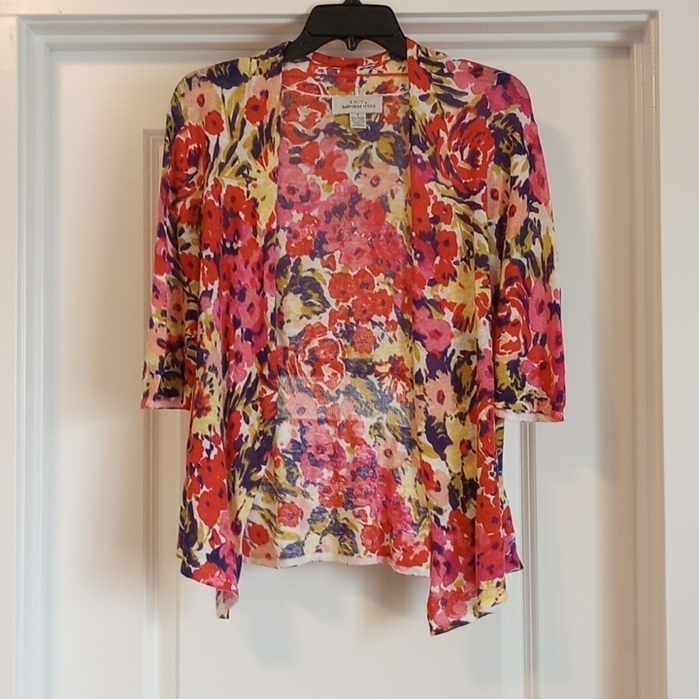 Hampshire Studio Knit Cardigan Shrug Size S Linen Blend Floral Pink Light Summer